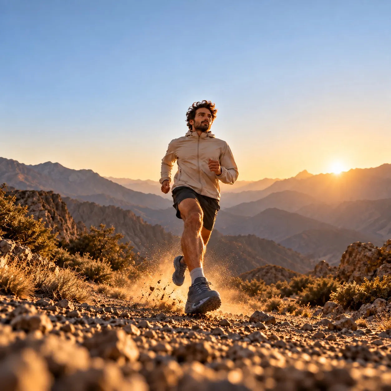Coureur sur un sentier de l’Atlas au coucher du soleil